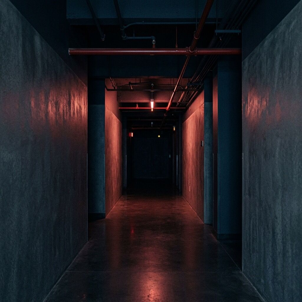 Darkened commercial corridor at night with a subtle red emergency-light wash and an overhead fire sprinkler pipe
