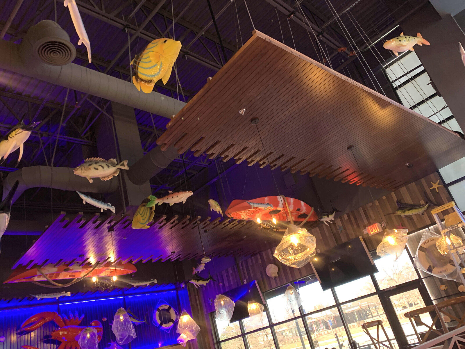 Restaurant dining-room ceiling after Paragon installed sprinkler heads through the floating ceiling, ready for Certificate of Occupancy