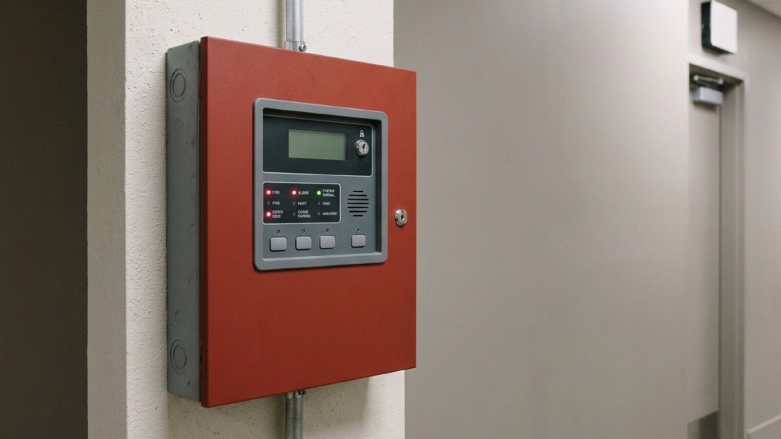 Wall-mounted commercial fire alarm control panel with status indicator LEDs in a back-of-house corridor