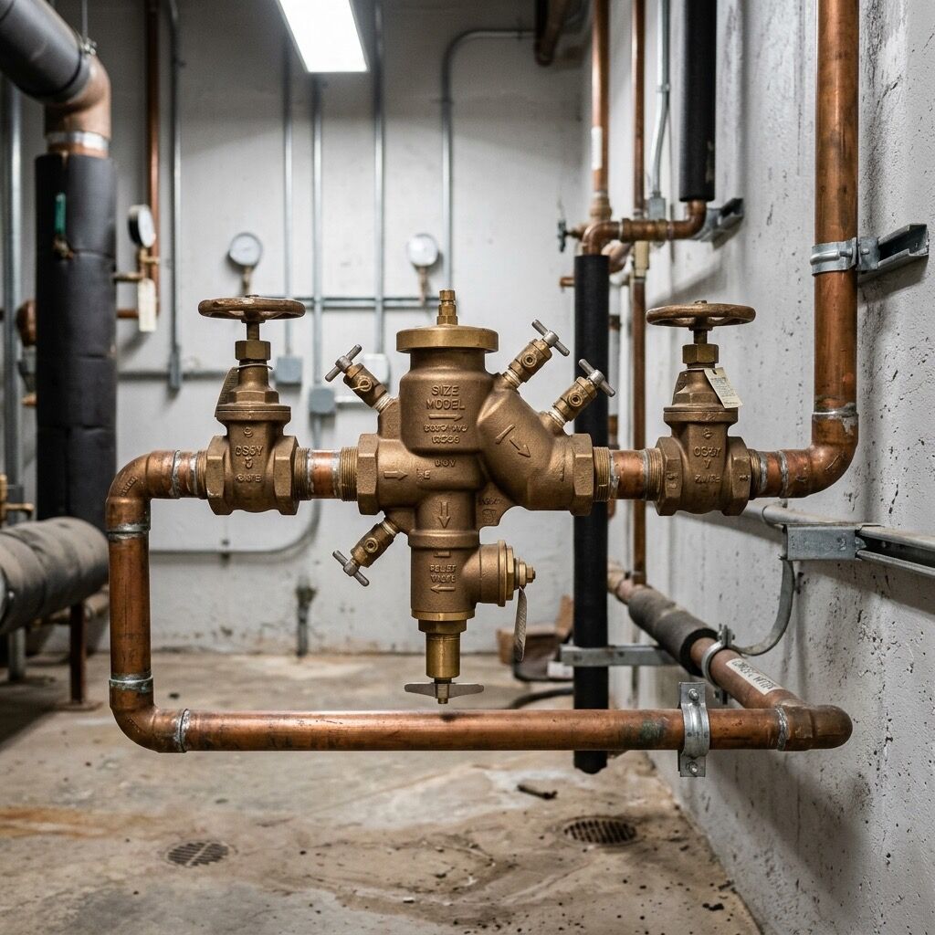 Brass reduced-pressure-zone backflow assembly with test cocks and shutoff valves on copper piping in a mechanical room