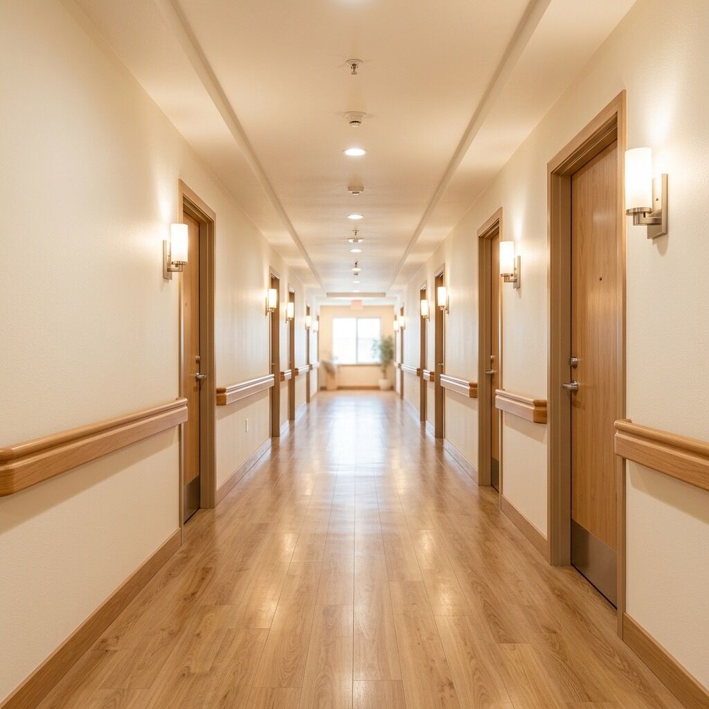Bright senior-care corridor with wood-look floors, wall sconces, handrails, and ceiling sprinkler heads