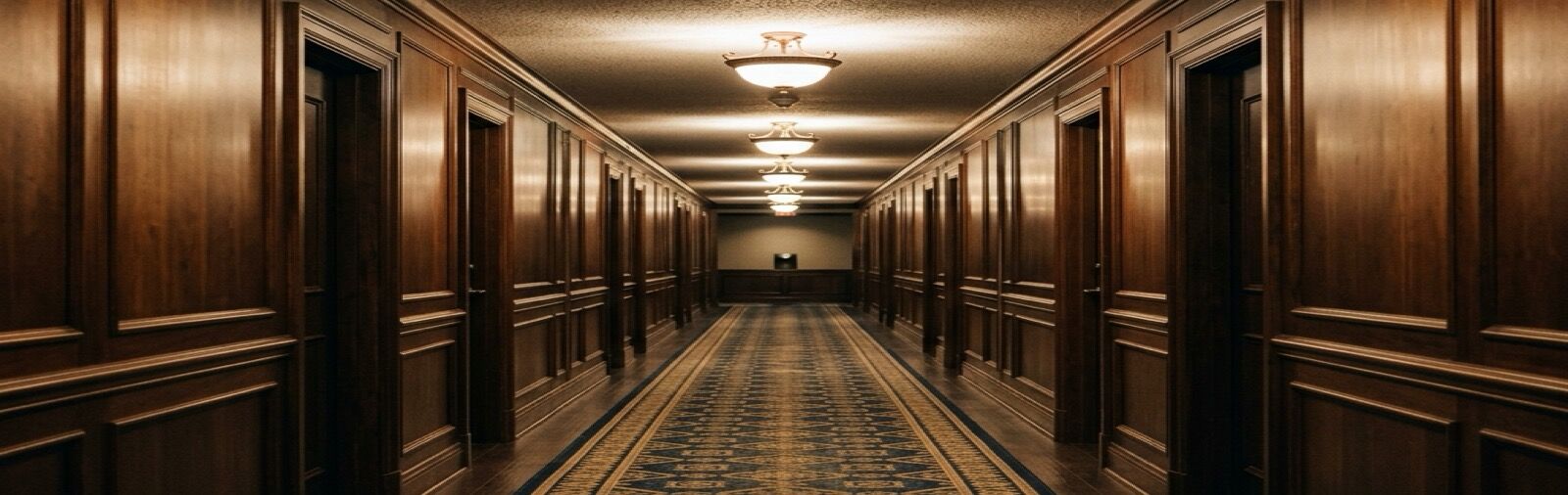 Empty hotel guest-room hallway with wood paneling, pendant lighting, and sprinkler heads in the ceiling