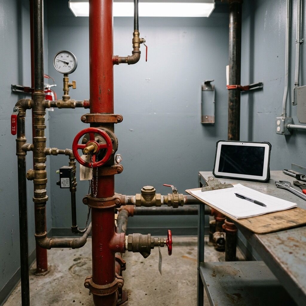 Fire sprinkler riser closet with valves and pressure gauges, mid-preventative-maintenance check