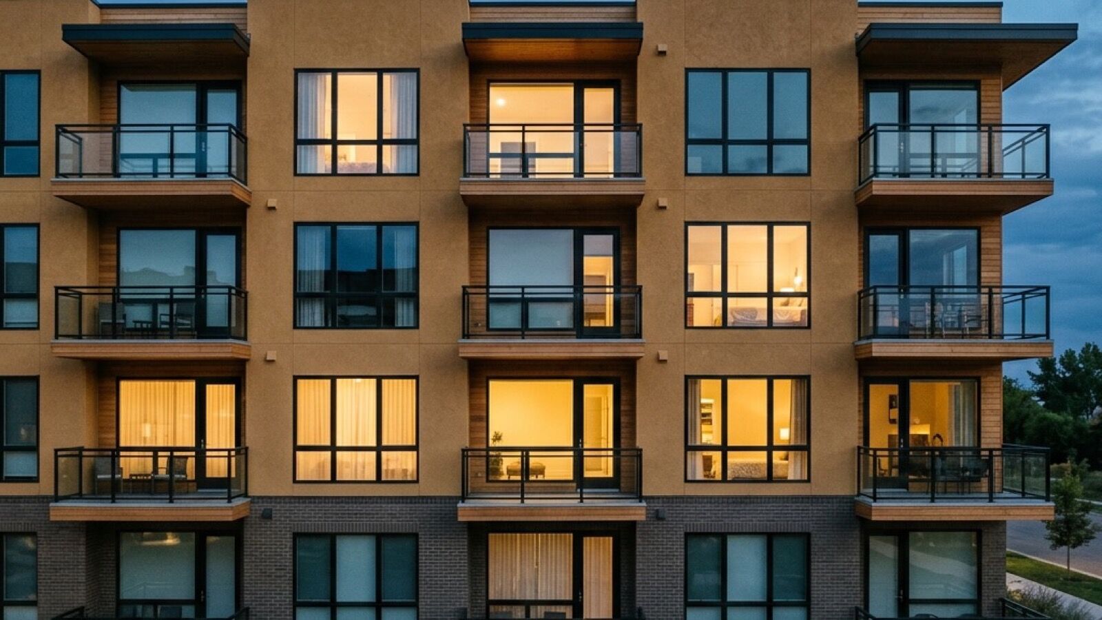 Multi-family apartment building exterior at dusk with warm interior lights showing through windows