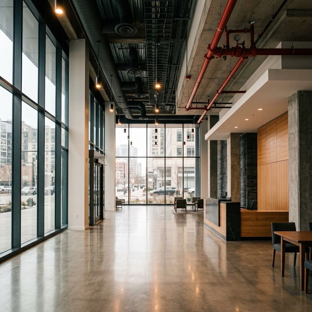 Modern commercial office lobby with a visible red sprinkler riser running along the exposed ceiling