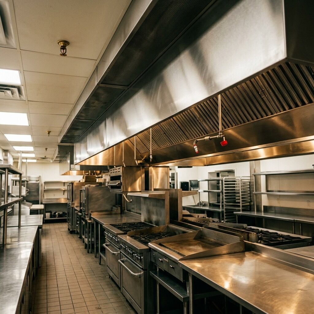 Commercial restaurant kitchen with stainless steel exhaust hood and a visible kitchen suppression nozzle