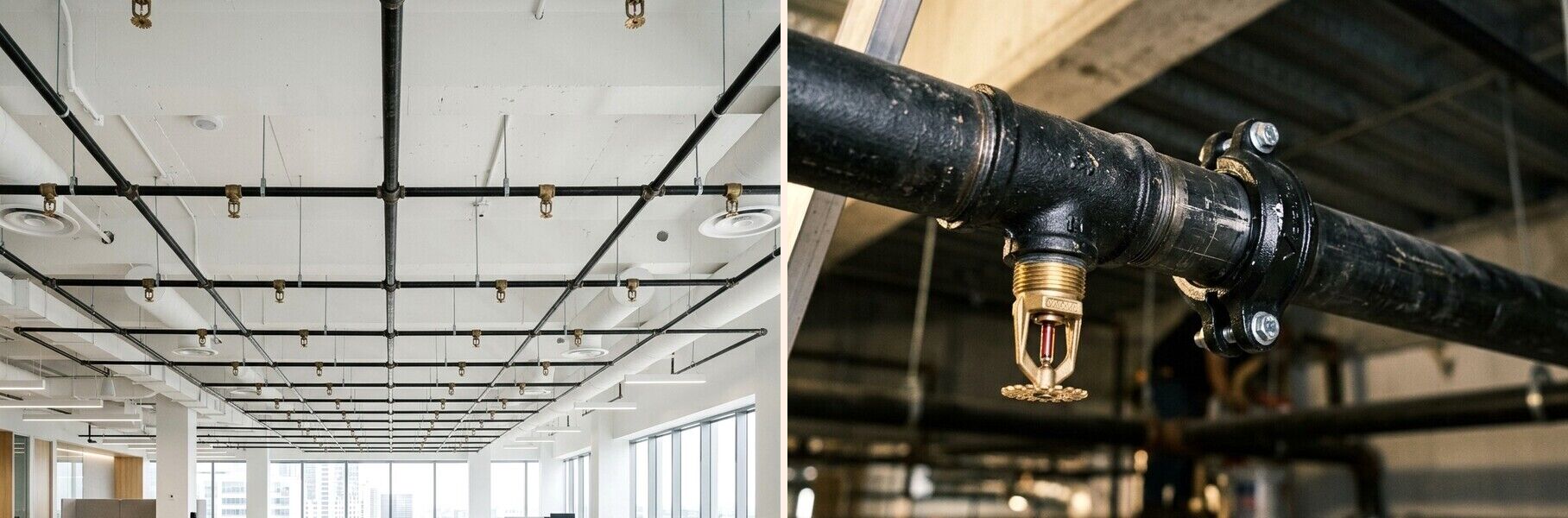 Two-panel hero: left side shows a newly installed commercial fire sprinkler grid above an open-plan office ceiling; right side shows a close-up of a black-steel sprinkler riser and pendent head mid-repair