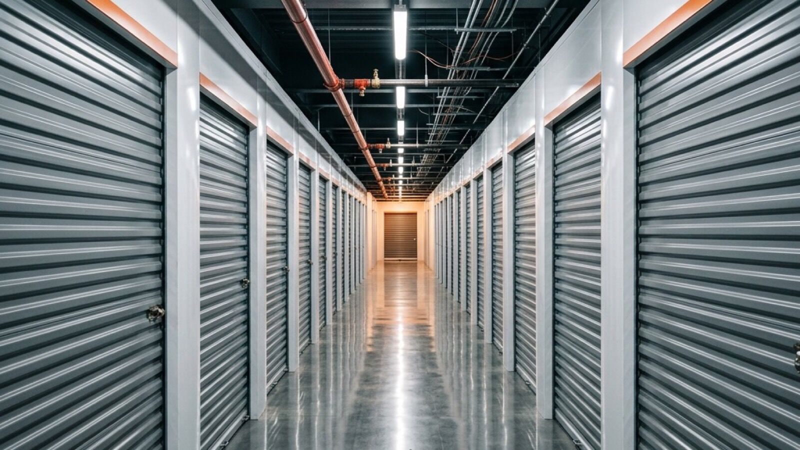 Self-storage corridor with steel roll-up doors receding to a vanishing point and an overhead sprinkler line