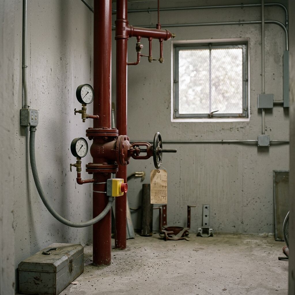 Fire sprinkler riser room with a red riser, pressure gauges, an OS&Y valve, and an inspection tag visible on the assembly