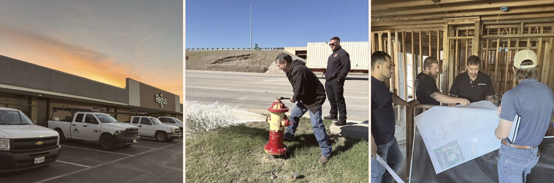Paragon Fire Protection in the field: company trucks at sunrise, Martin Sandoval flowing a private hydrant with the local fire marshal, and Martin reviewing construction plans with general contractors
