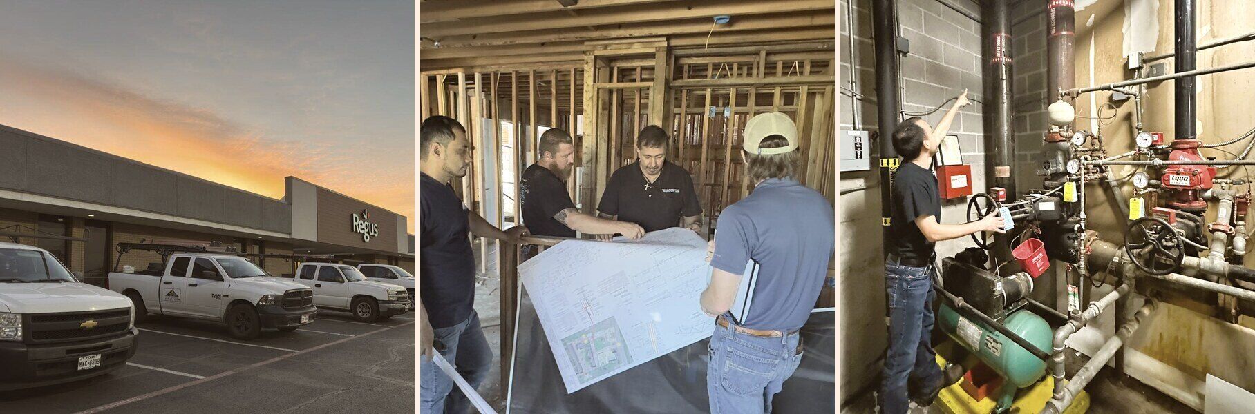 Paragon Fire Protection at work across Dallas–Fort Worth: company trucks at sunrise, the team reviewing construction plans on a job site, and a technician servicing a sprinkler riser