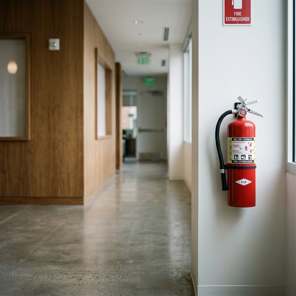 Wall-mounted red ABC dry-chemical fire extinguisher in a commercial corridor