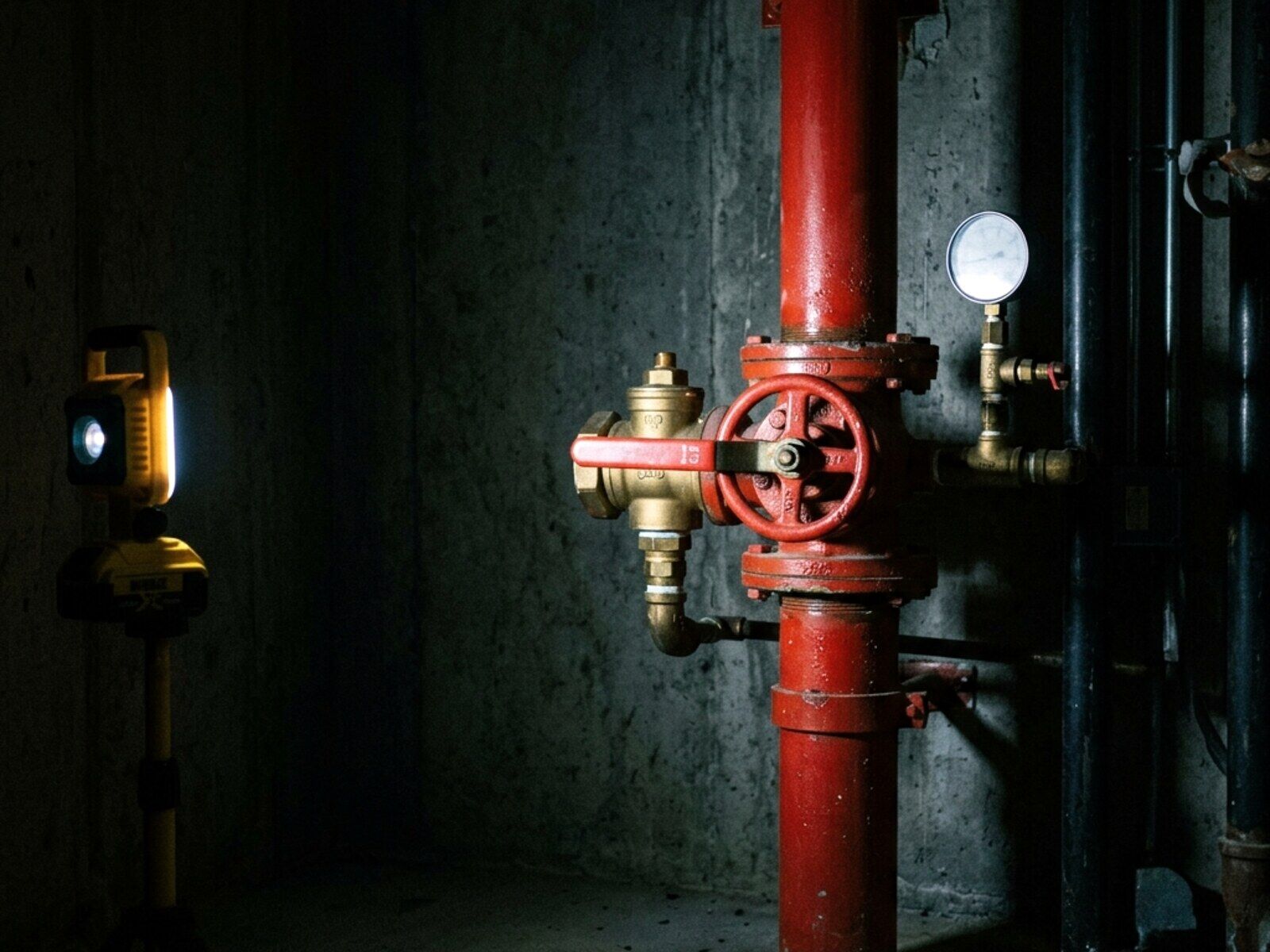 Commercial fire sprinkler riser room being worked on at night by portable LED work lights, with an open toolbox and clipboard staged on the floor
