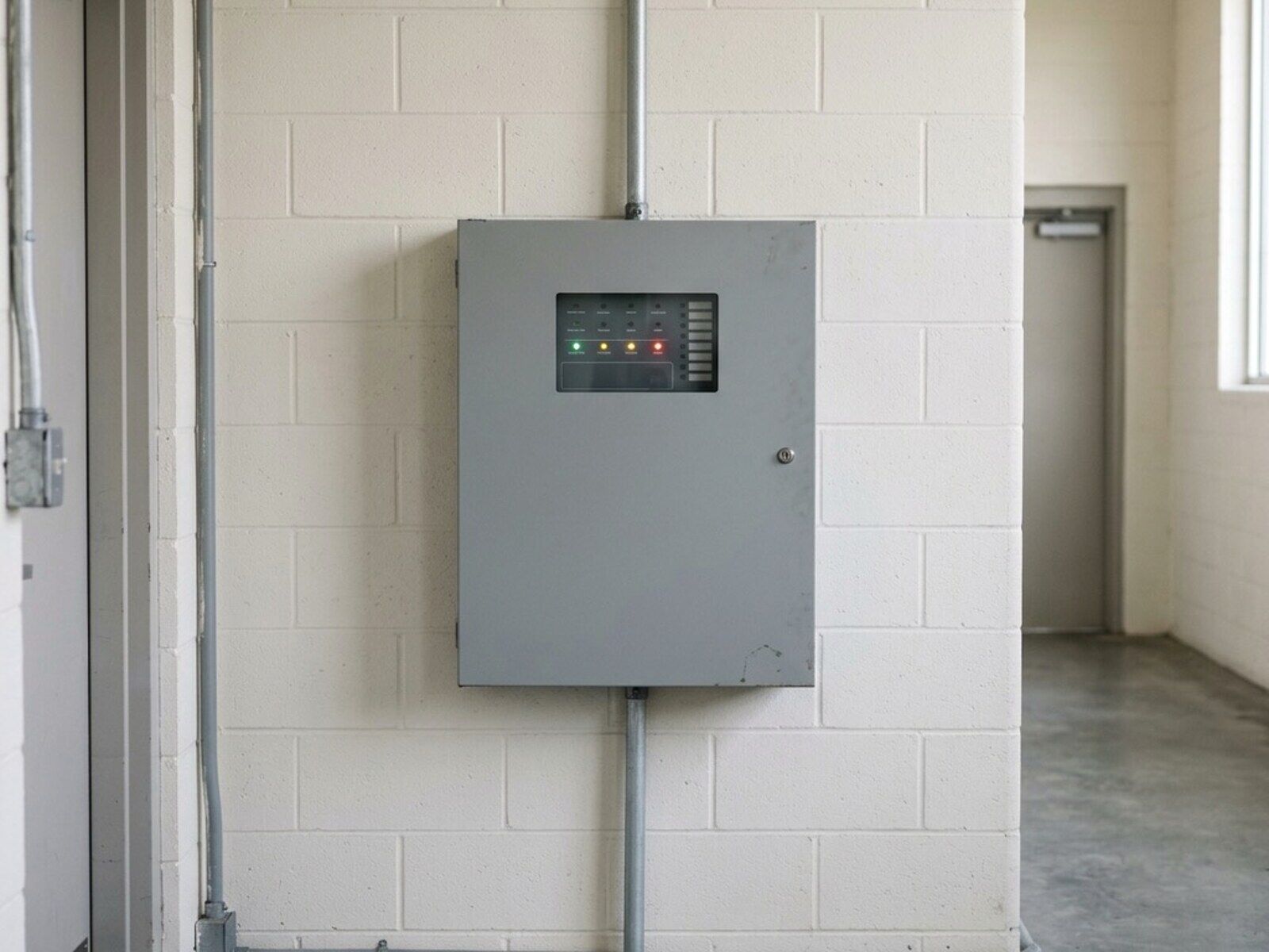 Wall-mounted commercial fire alarm control panel with status indicator LEDs in a back-of-house corridor