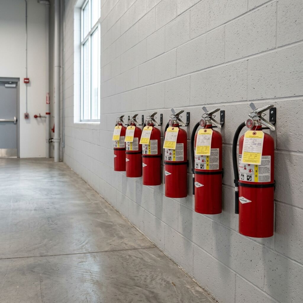 Wall-mounted red ABC dry-chemical fire extinguishers in a clean commercial corridor with inspection tags visible