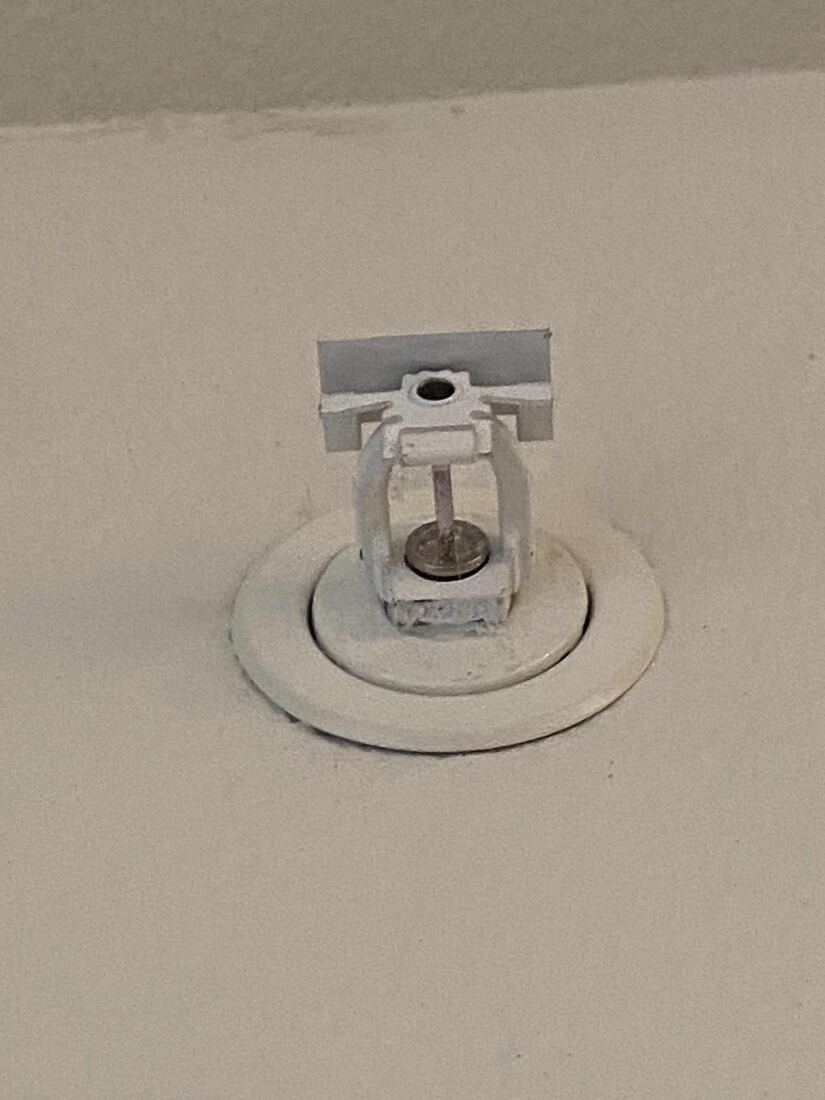 A pendant fire sprinkler head fully painted over to match the ceiling