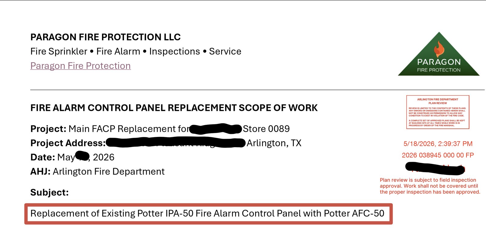 Permits pulled with the City of Arlington and replacement scope written up