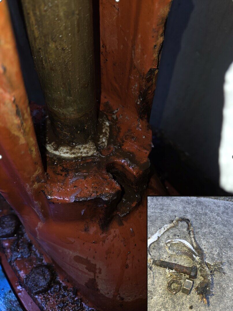 Before: Backflow — damaged packing and corroded bolts (assembly compromised) → relubricated, new bolts, ready for follow-up TCEQ retest.