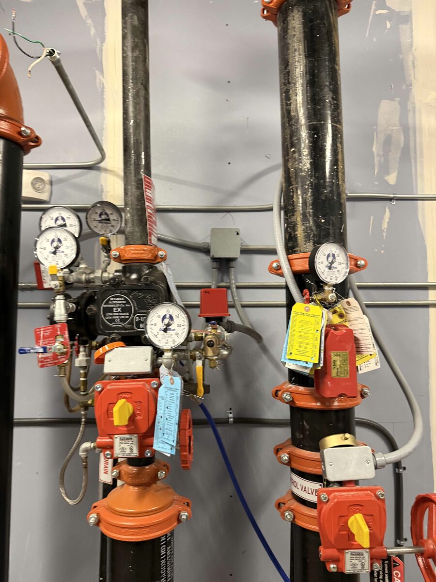 Four replaced pressure gauges in the sprinkler riser