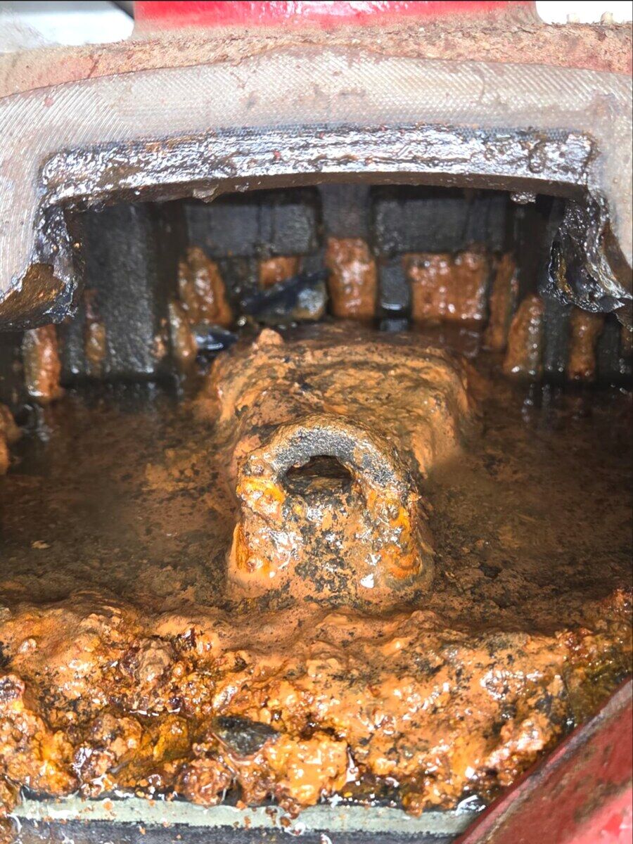 Before: dry valve internals gunked up — in our professional opinion, inoperable in a fire