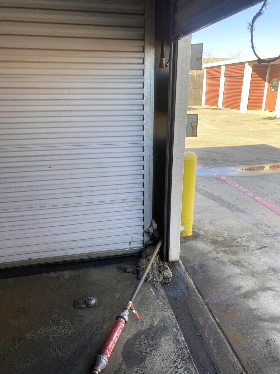 Before: Drum drip — split by a hard freeze (dry system offline) → repaired same-day, air pressure restored, fire-protection coverage back online.